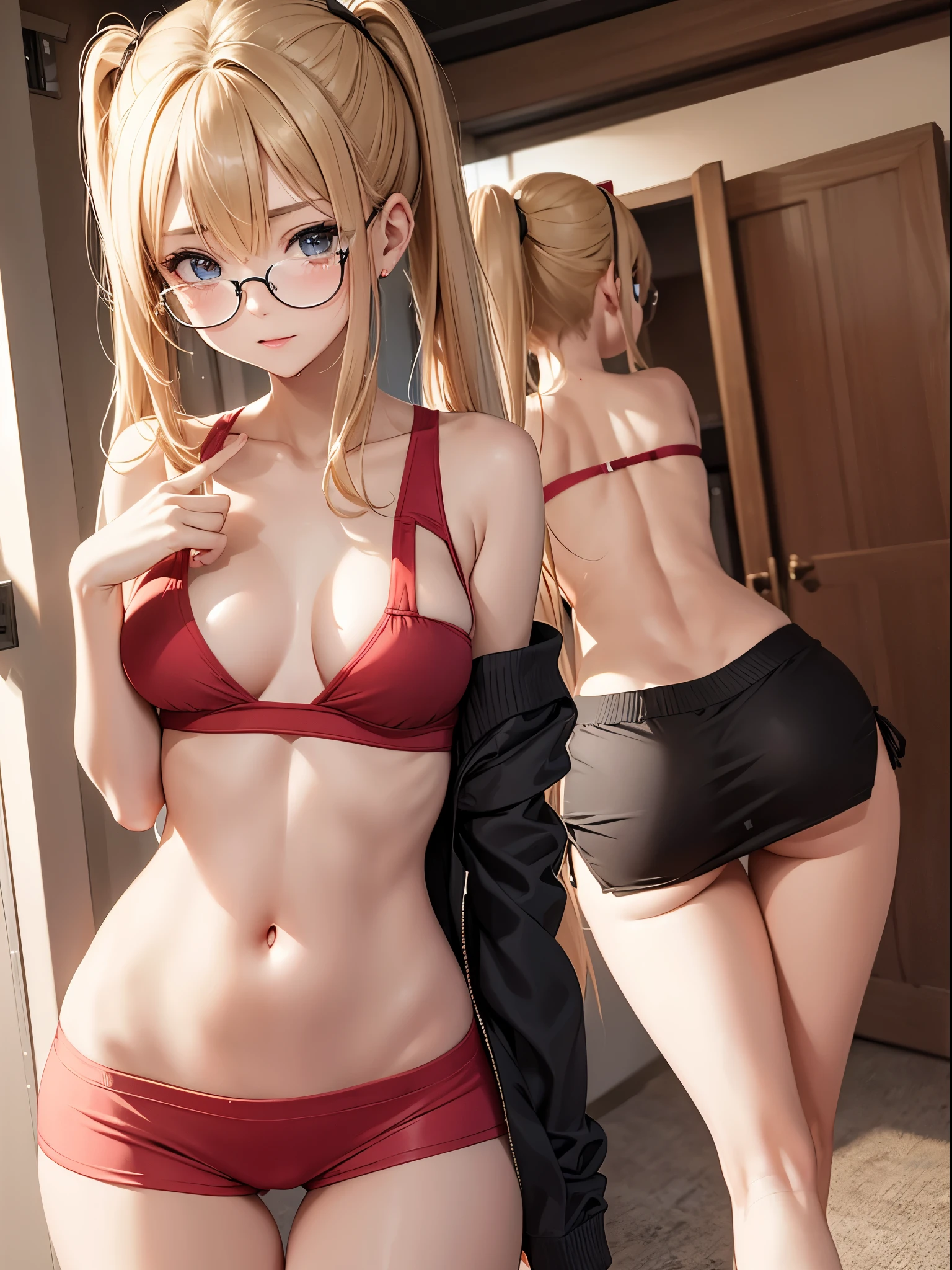 1 girl in public, awkward crying, bangs, **** body, perfect slender body, 13 year old girl, blonde hair tied in a side ponytail, sensual cleavage, round breasts, very tight blouse, transparent blouse, micro shorts 1.4, Ultra HD, 4k image, glasses, camera above the character, view from above, tight shorts, V panties, red panties, low waist panties, tight miniskirt