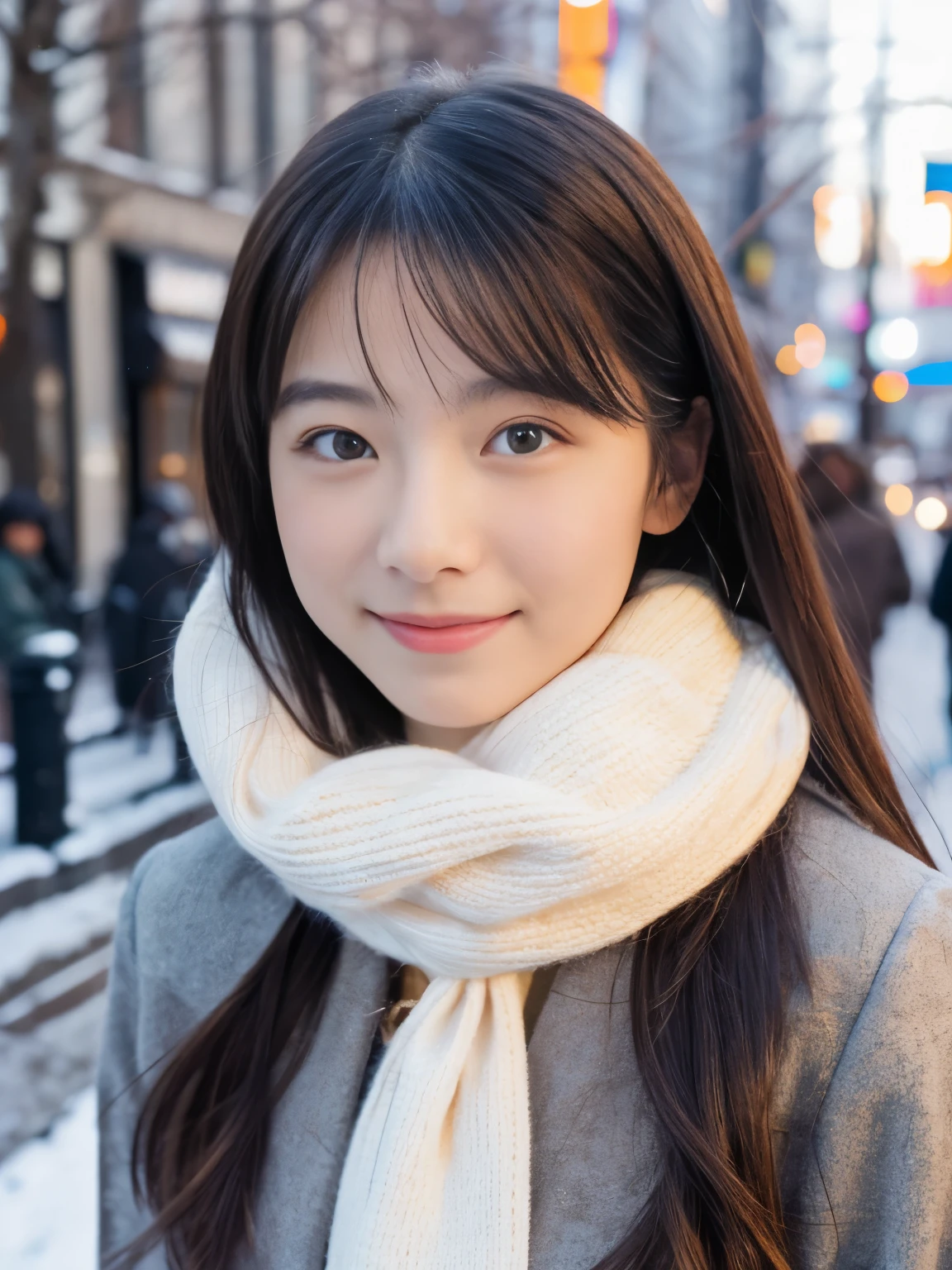 Photorealsitic, 8k full-length portraits, Beautuful Women, A charming expression, 18year old, TOKYOcty, Winters, Shibuya in the background