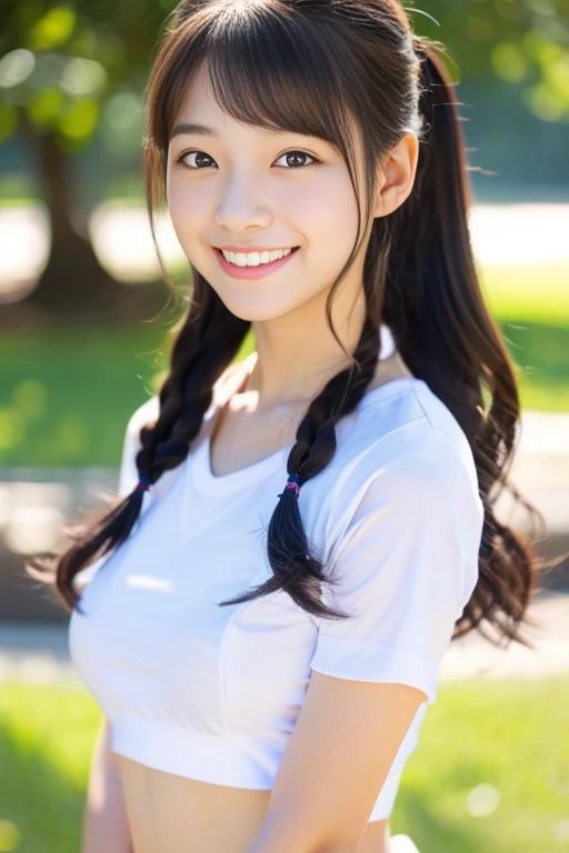 (((masterpiece))), (One beautiful Japan girl, classmates, landscape and innocence,kawaii) ,超A high resolution, Realistic, ultra-detailliert, 8K,top-quality, Extremely detailed, Detailed background,A slender,very beautiful japanese girl, Detailed face:1.3), (cute hairstyle,A dark-haired :1.4), (a ,kawaii系,adorable 14 year oPerfect body:1.1), (White gym clothes with short sleeves,Dark blue bloomers), The best smile,Show your beautiful teeth,Super Detailed Face、Detailed lips、A detailed eye、small gravure idol,Transparent skin、Lori,sports ground