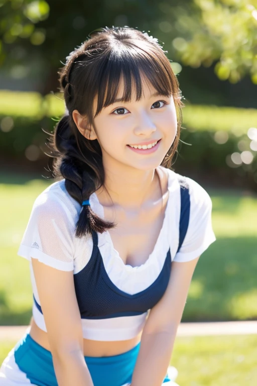 ((((whole body:1.3),1 girl, alone, Japanese Girls,  girl、12 years old, (hig, Realistic, High resolution, 8k, Very detailed, Detailed face, Shiny skin), Blonde Hair, Tank top,mini skirt,Show a little cleavage,shabby bangs, ponytail,smile,Flat boobs,whole bodyショット,The face is looking at the viewer,Perfect hands,Perfect Legs,Dynamic pose,flower,