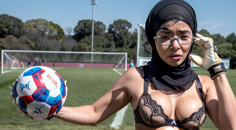 (((1woman))),(((solo woman))), Photo of a mature malay female with saggy breasts,((((diving))))) & (((catching the ball))) in the middle of(soccer field), 40yo,busty body, tall body, tanned skin, dimples, light, detailed face, embarrassed face, ((looking disgusted)), ((very angry)), (dissapointed), ((hands raised up)),perfect breasts, big breasts, natural breasts, G cup, (((brown hijab))),(((glasses))), (((sorella underwear))), (nude), (((sorella bra))), (((sorella panties))), (((goalkeeper gloves))), (sweat)