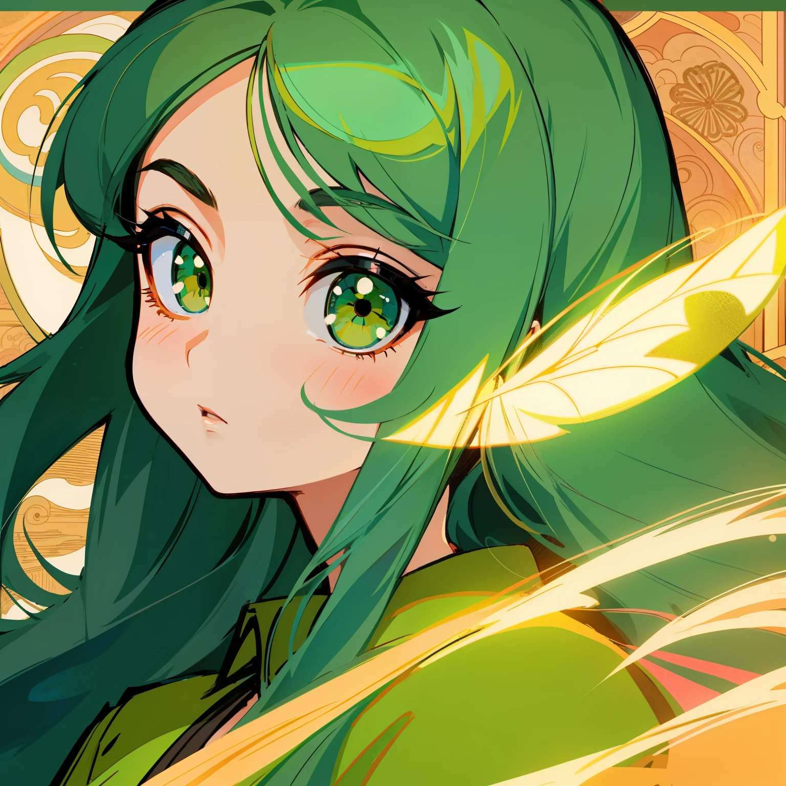 Cartoon illustration of lady in green shirt facingviewer, big eyes, round eyes, straight hair, longhair, beautiful, high quality, created by mrs beccadoodlefly, grunge beauty style, sandara tang,
closeup, charming character illustration, folklore