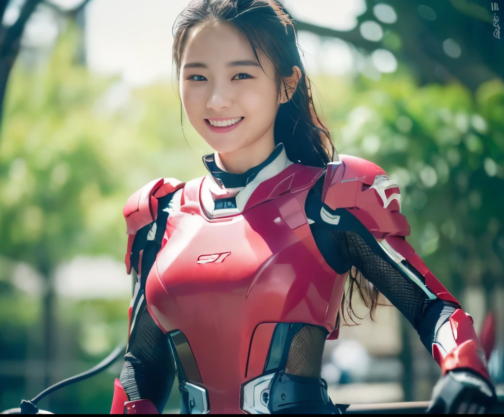(ultra best quality、8K、masuter piece、delicate illustration、wetting hair、A beautiful and bewitching Japanese 25-year-old woman、Shocking pink and white armored hero suit:1.3) 、(very plump body:1.2、ultra gigantic tits:1.3)、smiling at the viewer、A dark-haired