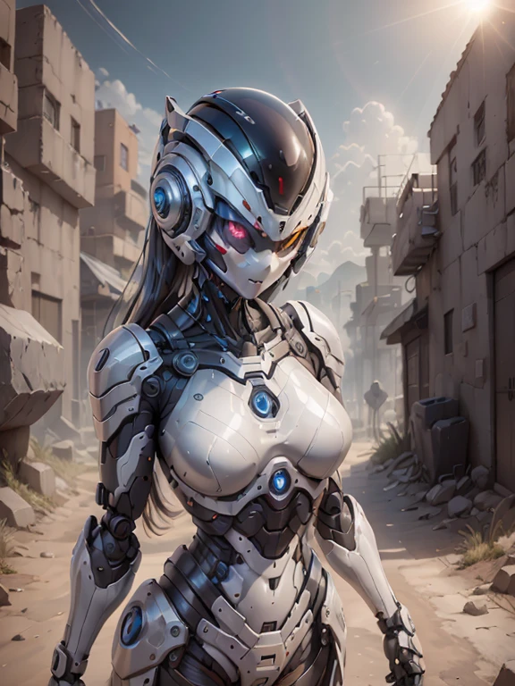 ((sex robot girl, Mecha)), olhos brilhantes,, rosto delicado, armadura quebrada, Mechanical aura, Mechanical arm, cabelos grisalhos, cabelos longos,  doll ceramic body, lacuna na coxa, mama grande, mamilo duro. cyber background, cidade muito boa, luz do dia, (translucent, Pele reflexiva), 8k, best quality, ultra-detalhado, (Surrealismo: 1.4),