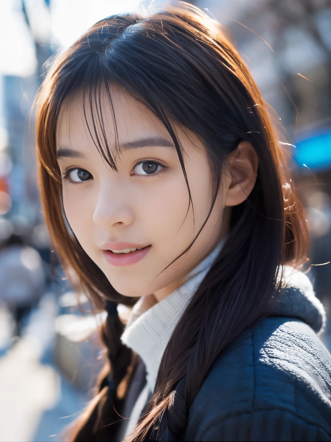 Photorealsitic, 8k full-length portraits, Beautuful Women, A charming expression, 18year old, TOKYOcty, Winters, Shibuya in the background