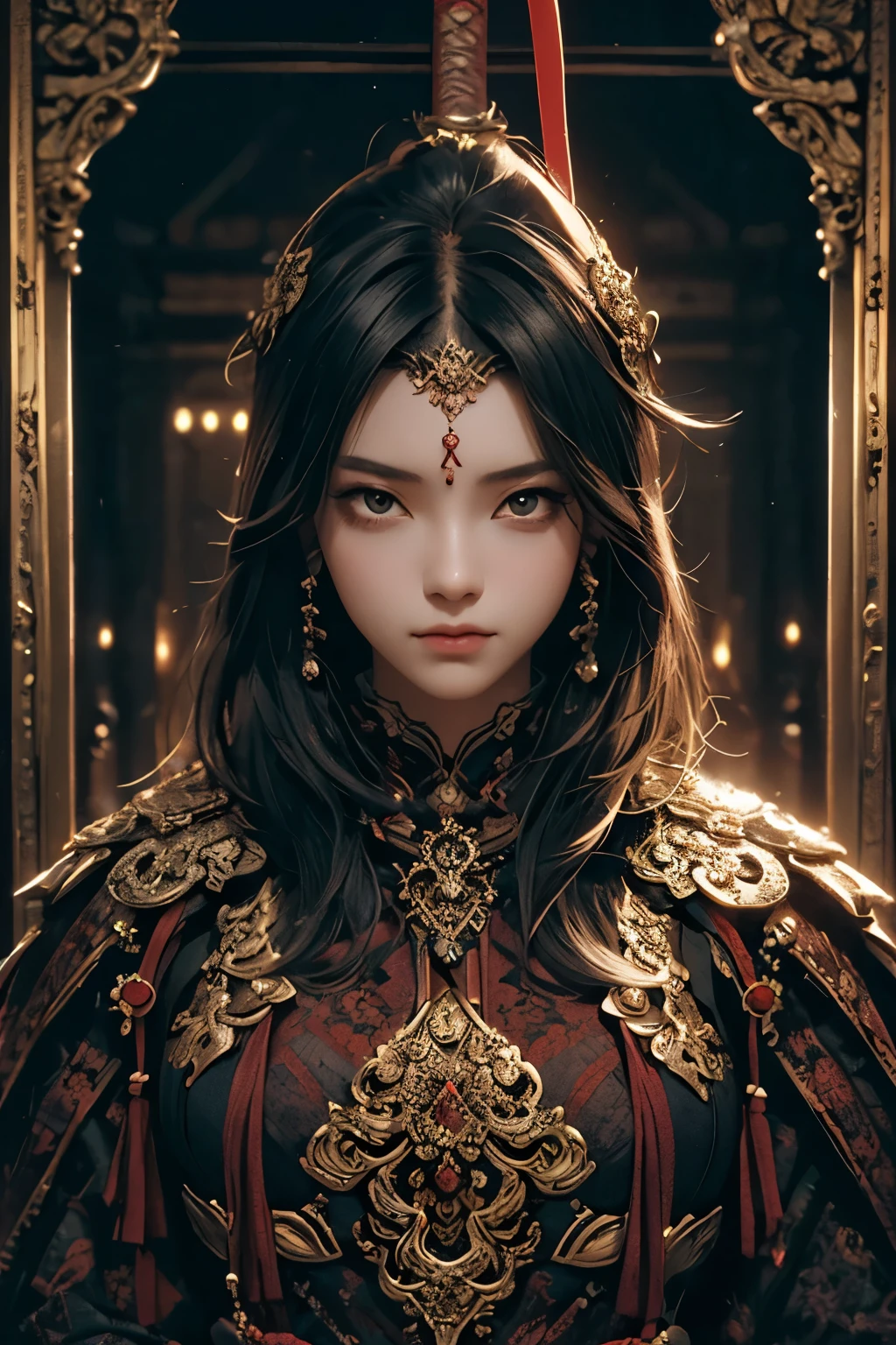 A beautiful black haired girl "a katana is hanged on her back", wearing ebonheart "heavily ornated" dark red full body armor. intricate details, masterpiece, masterpiece, rembrandt lighting, ultra high res, intricate details, nature light, film grain, dreamlike, perfect anatomy, best shadow, delicate, RAW>, pleasured expression, spotless face, perfect face, detailed eyes, intricate detail, detailed face, temple background, [bad anatomy], [bad hands], [missing fingers], [poorly drawn hands], [poorly drawn face], [deformed], [extra arm] [fused fingers], [too many fingers], [long neck],[bad proportions],