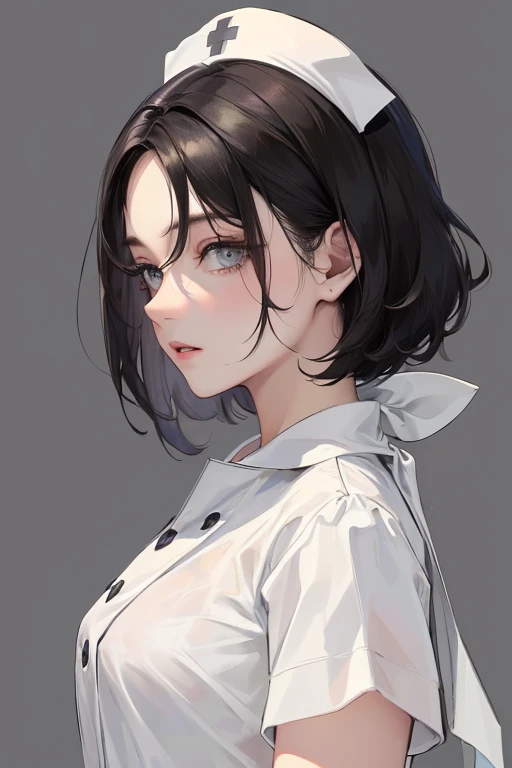 (Top resolution、Distinct_image)top-quality、femele、masterpiece、ighly detailed、Semi-realistic、Black short hair、Dark hair、grey eyes、25-years old、Mature、年轻、exquisite facial features acial features,Nurse、naked