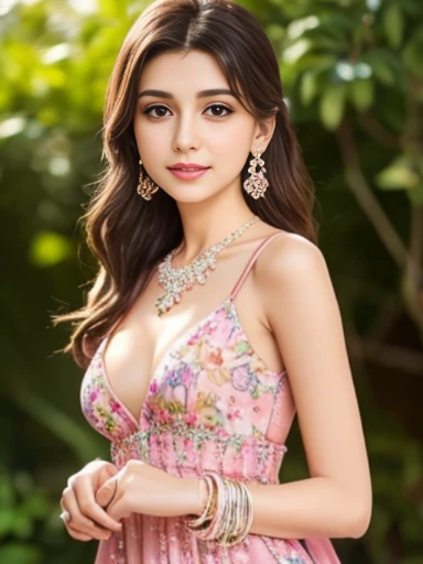 Lebanese lady, diamond thin earrings, necklace, bracelets, small breasts, floral dress, blushing, bright colors, dreamy colors, Romantic