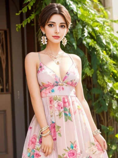 Lebanese lady, diamond thin earrings, necklace, bracelets, small breasts, floral dress, blushing, bright colors, dreamy colors, Romantic