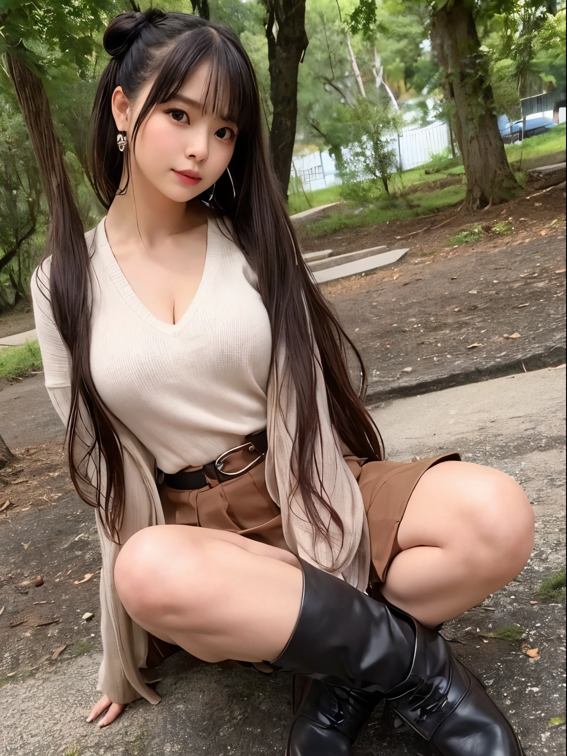 ((An ultra-high picture quality:1.2,ultra-quality:1.2,Photoreality:1.2,超A high resolution,Ultra-fine,独奏,No medical defects,Not medically excessive)),(Perfectly balanced body),Looking at the camera,Smile,blush,(Double bun),(light brown hair),(Very long hair),(V-neck sweater),Miniskater skirt,check,Hairpin,Hair Ribbon,kneehigh boots,Cowboy Shot,hand on the breasts