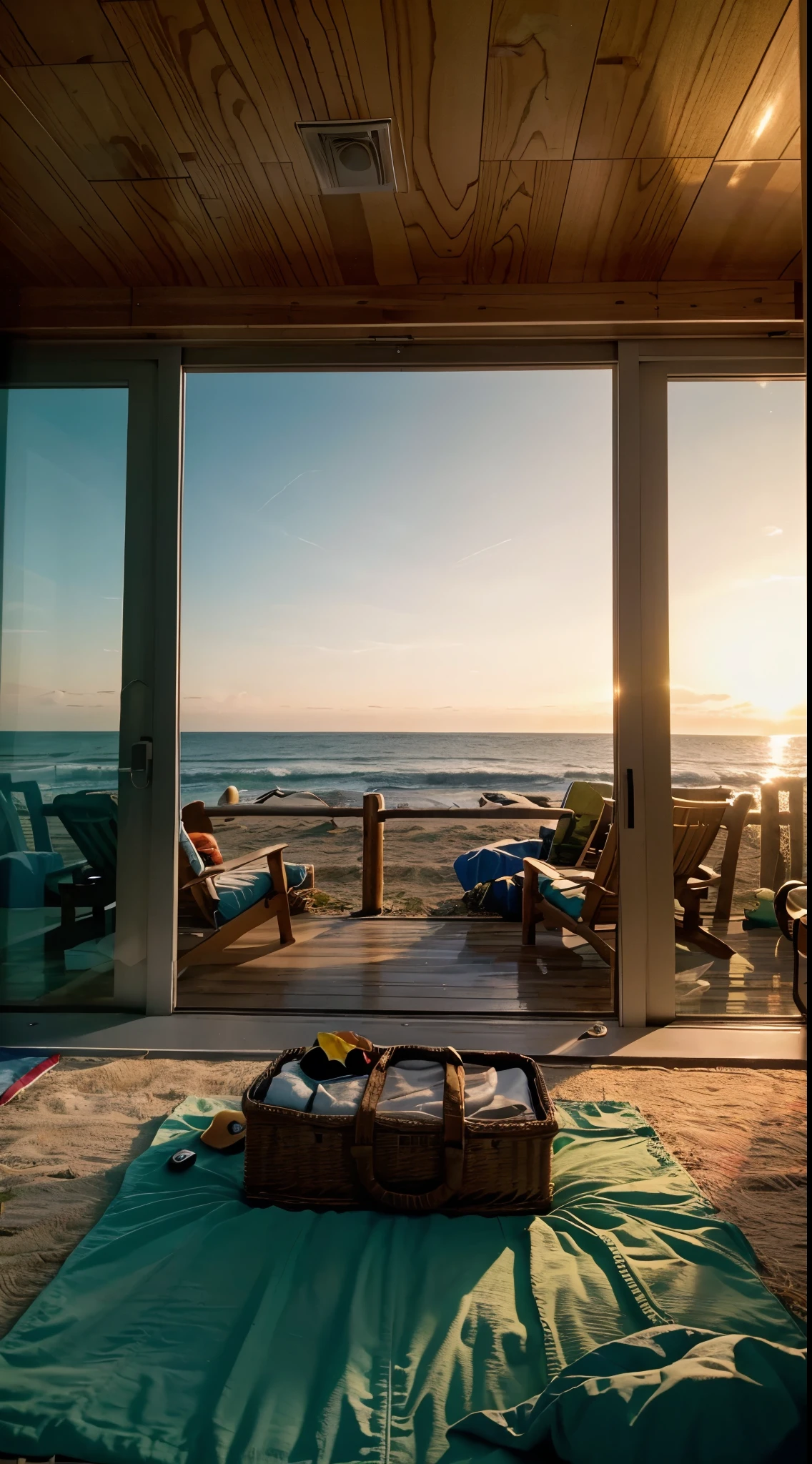 cinematic shot from cabin at the beach, its 5 pm in florida the sun is already going down the ocean is calma nice picnic on the floor. film Kodak iso 400, hyperrealism, you can see how peaceful it is.