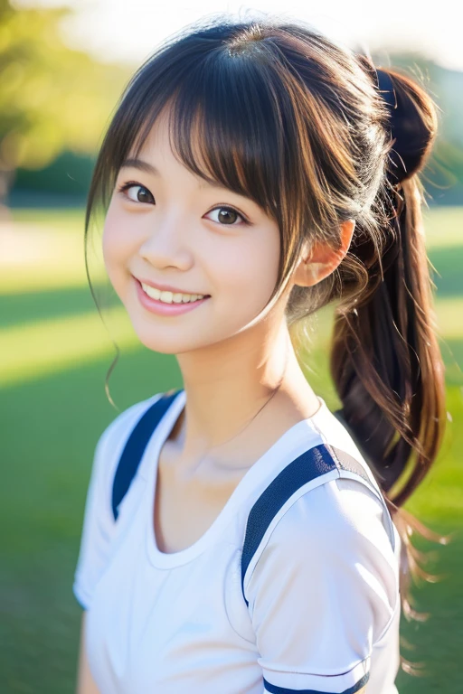 7--old all breasts、Black Hair、Iris、Straight Hair、ponytail、White dress、whole body、Are standing、Small face、Clean eyes、Small Mouth、evening、Riverbank、high resolution、4k、highest quality、超high resolution、Realistic、1 person、Young face、Flat chested、A big smile、