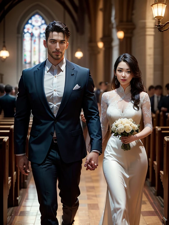 k hd,8K分辨率,professional photoshooting,profesional lighting,two very attractive men,30 age old,Big handsome guy,Blue eyeearded,Brush cut,(ssmile),tall, cool and handsome,cool guy,The two of them walked together,elegant suit,Impressive appearance,In a luxurious and modern cathedral,The church is full of people,The atmosphere was convivial, perfect and highlight moments of their lives,HUItra cannon,细节Exquisite完美,best quality,Exquisite,The is very detailed。超高分辨率,complex detailed detailed,physically-based renderingt,Good balance,edge lit,lock focus,Realistic photos,photorealistic art,HighDynamicRange,realistic model