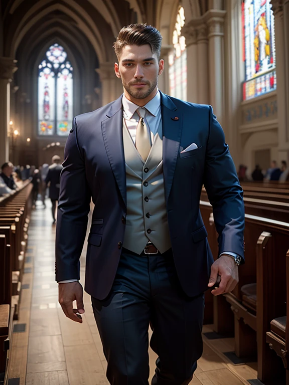k hd,8K分辨率,professional photoshooting,profesional lighting,two very attractive men,30 age old,Big handsome guy,Blue eyeearded,Brush cut,(ssmile),tall, cool and handsome,cool guy,The two of them walked together,elegant suit,Impressive appearance,In a luxurious and modern cathedral,The church is full of people,The atmosphere was convivial, perfect and highlight moments of their lives,HUItra cannon,细节Exquisite完美,best quality,Exquisite,The is very detailed。超高分辨率,complex detailed detailed,physically-based renderingt,Good balance,edge lit,lock focus,Realistic photos,photorealistic art,HighDynamicRange,realistic model