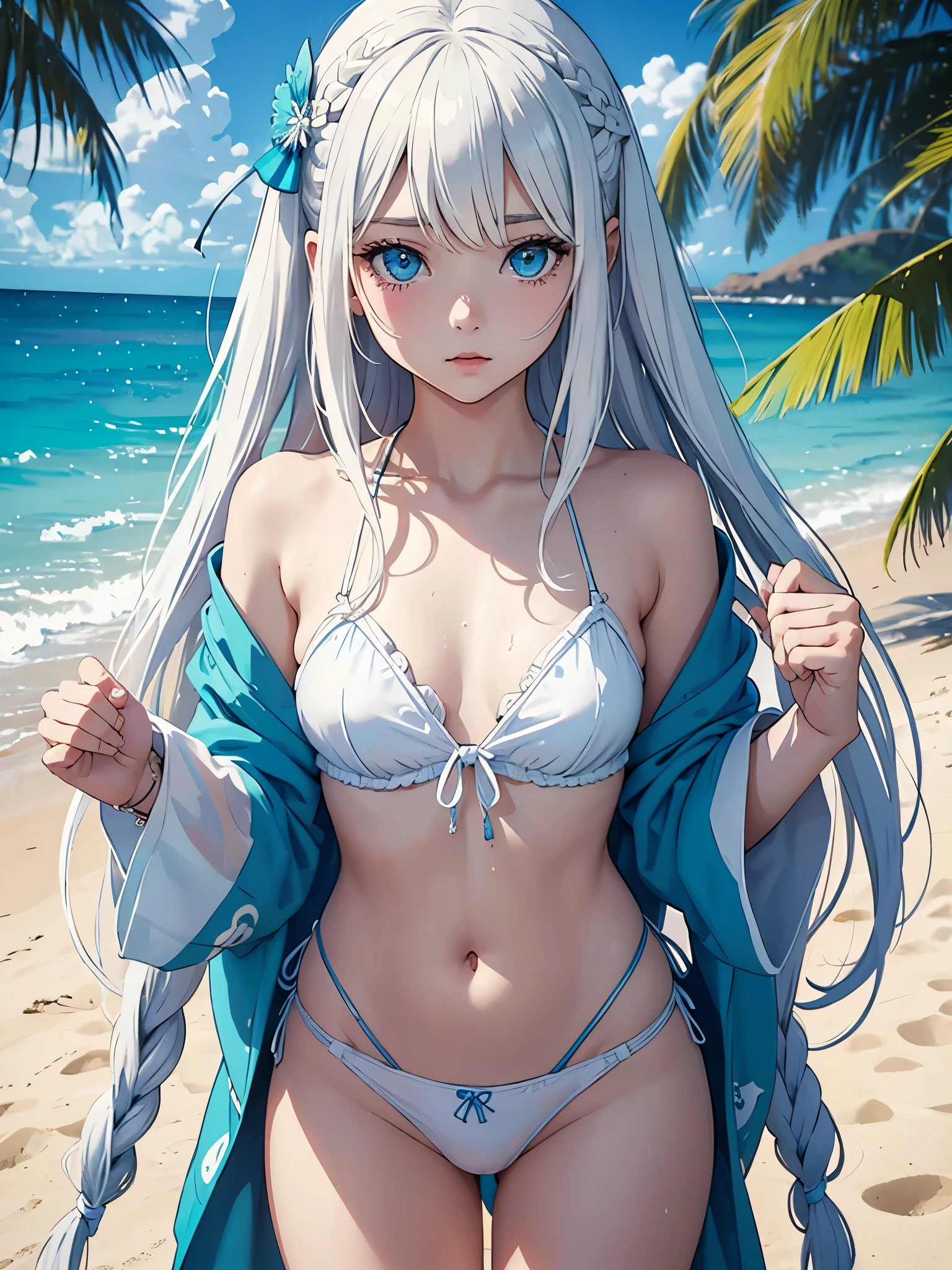 Create digital artwork in pop art style、ディテールが施されたlong white hairの女の子が特徴です、White skin and beautiful appearance、long white hair、Blue eyes、Wet hair、((teens girl、))、Wet underwear、sandbeach、beach side、Street fashion、Movie color schemes、Surrounded by vintage seashell motifs、Vivid brush strokes、Emotions must be dynamic、Upper body、Drawing、Illustration、grayscales、Tropical、many seashells、