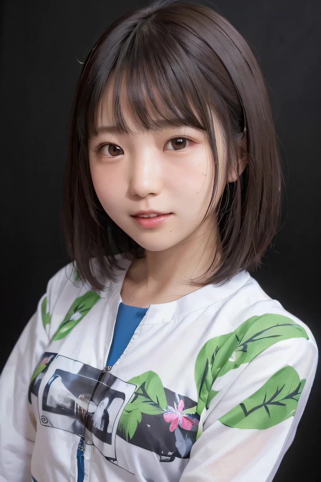 high quality picture, masutepiece, detailed hair texture, Detailed skin texture, 8K, Add fabric details, ultra detailed skin texture, ultra detailed photographic, Skin pores, Portrait of a girl, Wearing an Aloha shirt,tiny body、Slimed、flat body、(Pitch black background)、Cool Face、Cute face of high school student