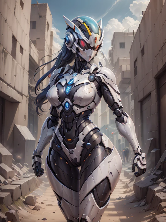 ((sex robot girl, Mecha)), olhos brilhantes,, rosto delicado, armadura quebrada, Mechanical aura, Mechanical arm, cabelos grisalhos, cabelos longos, porn doll ceramic body, lacuna na coxa, mama grande, mamilo duro. cyber background, cidade muito boa, luz do dia, (translucent, Pele reflexiva), 8k, best quality, ultra-detalhado, (Surrealismo: 1.4),