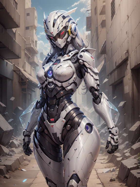 ((sex robot girl, Mecha)), olhos brilhantes,, rosto delicado, armadura quebrada, Mechanical aura, Mechanical arm, cabelos grisalhos, cabelos longos, porn doll ceramic body, lacuna na coxa, mama grande, mamilo duro. cyber background, cidade muito boa, luz do dia, (translucent, Pele reflexiva), 8k, best quality, ultra-detalhado, (Surrealismo: 1.4),