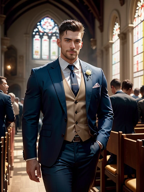k hd,8K分辨率,professional photoshooting,profesional lighting,two very attractive men,30 age old,Big handsome guy,Blue eyeearded,Brush cut,(ssmile),tall, cool and handsome,cool guy,The two men walked closely together,elegant suit,Impressive appearance,In a luxurious and modern cathedral,The church is full of people,The atmosphere was convivial, perfect and highlight moments of their lives,HUItra cannon,细节Exquisite完美,best quality,Exquisite,The is very detailed。超高分辨率,complex detailed detailed,physically-based renderingt,Good balance,edge lit,lock focus,Realistic photos,photorealistic art,HighDynamicRange,realistic model
