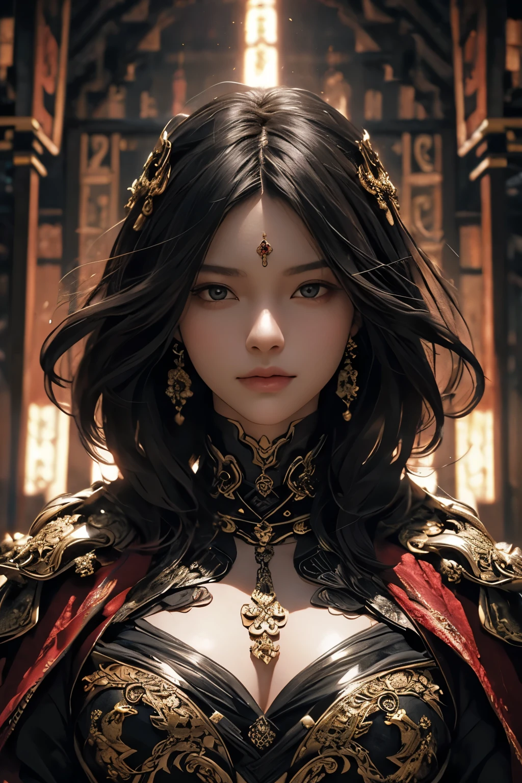 A beautiful black haired girl "a katana is hanged on her back", wearing ebonheart "heavily ornated" dark red full body armor. intricate details, masterpiece, masterpiece, rembrandt lighting, ultra high res, intricate details, nature light, film grain, dreamlike, perfect anatomy, best shadow, delicate, RAW>, pleasured expression, spotless face, perfect face, detailed eyes, intricate detail, detailed face, temple background, [bad anatomy], [bad hands], [missing fingers], [poorly drawn hands], [poorly drawn face], [deformed], [extra arm] [fused fingers], [too many fingers], [long neck],[bad proportions],