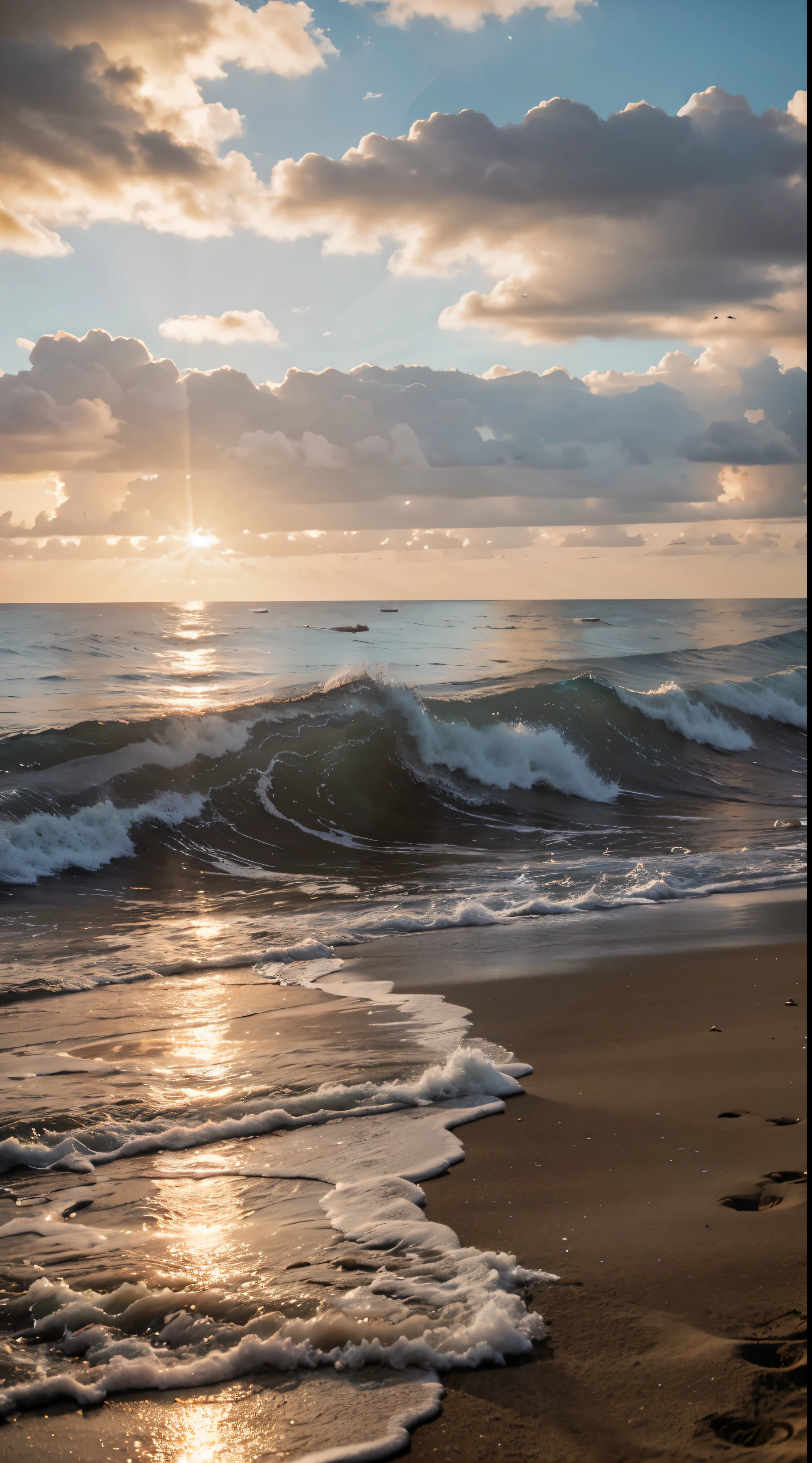 cinematic shot of the beach, its 5 pm in florida the sun is already going down the ocean, its 5 pm in florida the sun is already going down the ocean