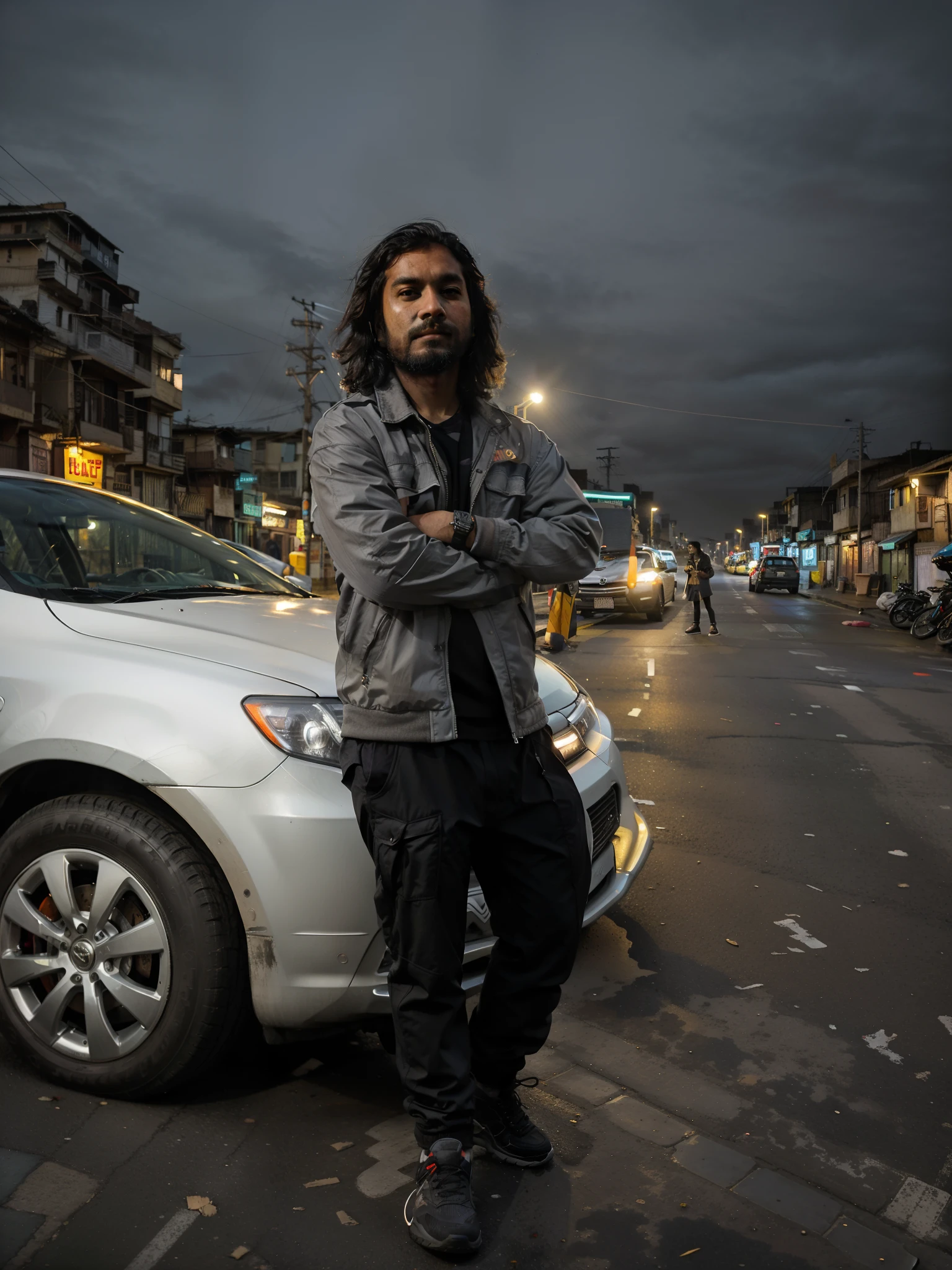 cyberpunk, sci-fi, night citylights, there is a man standing next to a car on the side of the road, inspired by Bikash Bhattacharjee, Bearded Indian face, standing in road, standing in township street, standing in a township street, standing in street, very artistic pose, at a city street, full body photogenic shot, stylish pose, on a street, street pic, JACKET COLOR GREY
