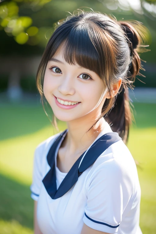 (((masterpiece))), (One beautiful Japan girl, classmates, landscape and innocence,kawaii) ,超A high resolution, Realistic, ultra-detailliert, 8K,top-quality, Extremely detailed, Detailed background,A slender,very beautiful japanese girl, Detailed face:1.3), (cute hairstyle,A dark-haired :1.4), (a baby face,kawaii系,adorable girl), (Perfect body:1.1), (White gym clothes with short sleeves,Dark blue bloomers), The best smile,Show your beautiful teeth,Super Detailed Face、Detailed lips、A detailed eye、small gravure idol,Transparent skin、Lori,sportsund,((full bodyesbian))
