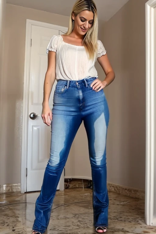 tall thin attractive blonde woman with long legs, blue eyes, messy bob hair, wavy shoulder length hair, tight white blouse and skinny jeans, black high heel pumps, ((show heels)), inviting smile, (peeing self), ((shins wet with pee)), ((jeans gleaming wet with pee)), standing in puddle of pee, (((pee pouring from crotch of jeans))), standing in an office