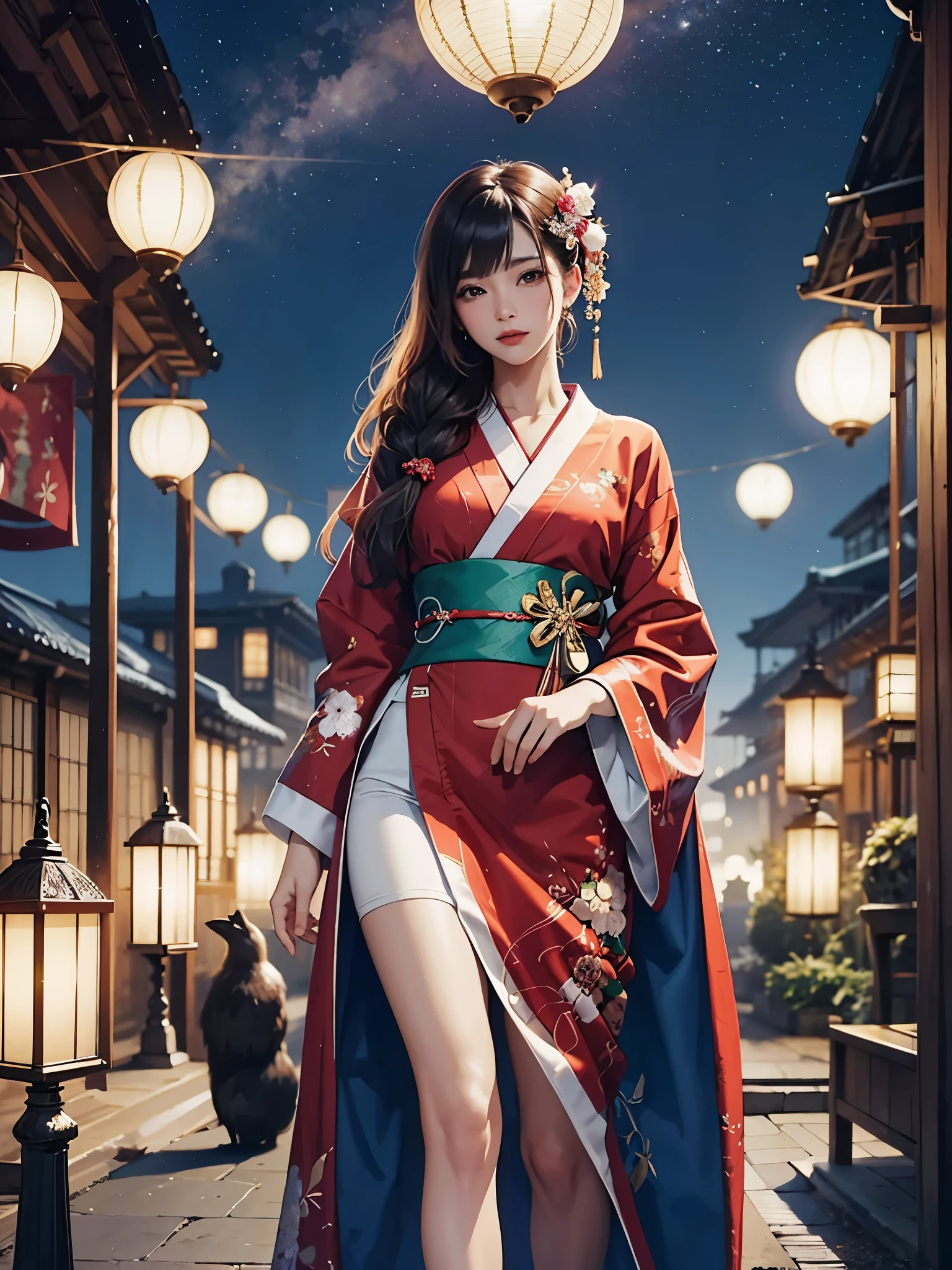 (masutepiece, of the highest quality, Best Quality, Official art, Beautiful and aesthetic:1.2), (1girl in),elaborate costume(Luxurious Japan kimono(Colorful kimono(detailed embroidery))), ighly detailed,(Fractal Art),Colorful,highest details,Western castle at night in the background,Christmas cake on the table