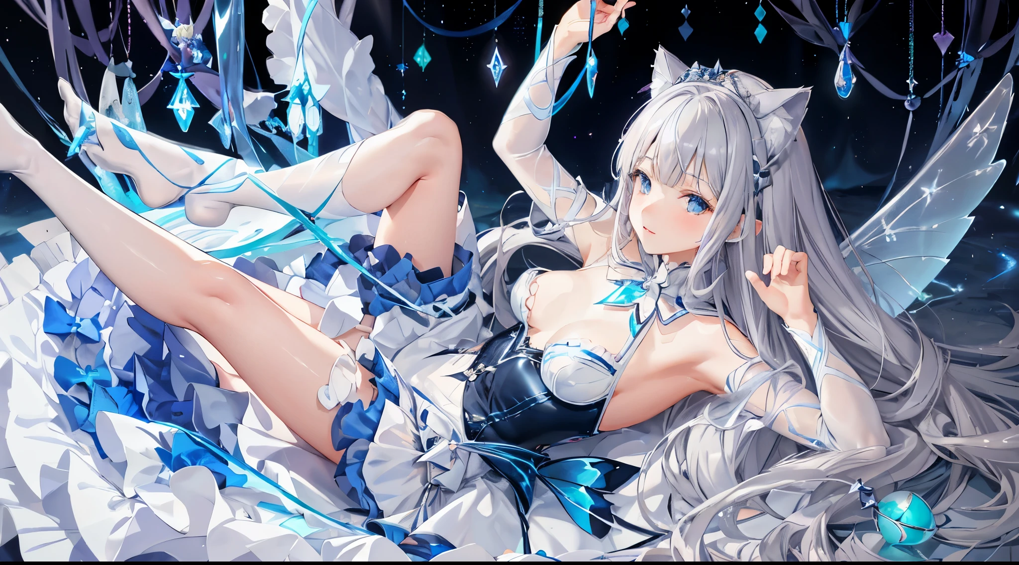 (fairy wings:1.1), (silver wings:1.1), 1 fairy, iolite eyes, silver hair, long hair, expressionless, (bioluminescence:1.1), (frilled collar:1.1), deepblue fairy dress, dancing, petal, vast purewhite flower field, (silvery moonlight pouring down:1.1), sharp focus, looking at viewer, cowboy shot, (intricate:1.1), (purewhite theme:1.2), (purewhite tone:1.2), (silver tone:1.2), illustration, more_details:1.5,[(WHITE BACKGROUND:1.5),::5] HEXAGON,blue eyes,head dress,leg dress,cute little,cat ear,Maid costume, idol costume, or swimsuit,Fluffy skirt,Very good style、4K Ultra