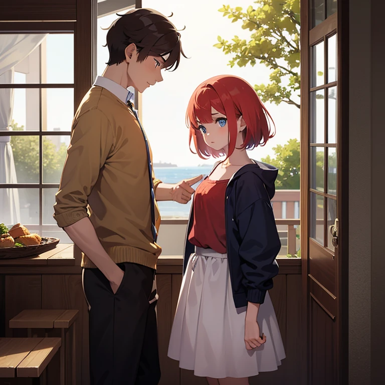 masterpiece, best quality, 1girl, very short hair, red hair, blue eyes, 1boy, red hair, blue eyes, child, siblings, brother and sister, standing, looking at each other, upstairs