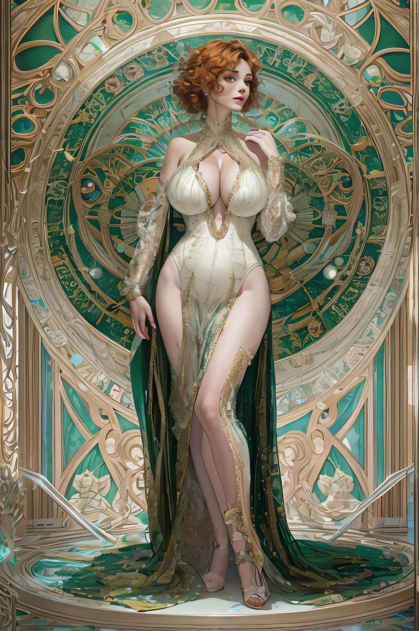 art deco - middle aged augmented buxom pale voluptuos full figured white woman in glossy iridescent latex outfit, full body, G-cups , cover, hyperdetailed painting, luminism, Bar lighting, complex, 4k resolution concept art portrait by Greg Rutkowski, Artgerm, WLOP, Alphonse Mucha, little fusion pojatti realistic steampunk, fractal isometrics details bioluminescens : a stunning realistic photograph 30 years , redhead, italian goddness beautiful awesome with big white flowers , 3d render, octane render, intricately detailed, , cinematic, trending on artstation | Isometric | Centered hipereallistic cover photo awesome full color, hand drawn, dark, gritty, realistic mucha, klimt, erte .12k, intricate. hit definition , cinematic,, mix of bold dark lines and loose lines, bold lines, on , full body with velvet dress, humanoid, Full body. Haida motifs
