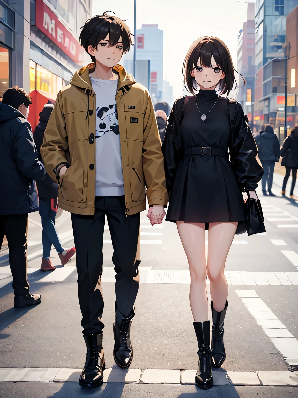 1,there is a couple, men and women, Holding hands.
2,Male is 24 years old、wearing normal clothes.
3,women are 18 years old、She is wearing a sexy mini dress and boots on her feet.。.
4,The season is autumn、The location is a shopping center.