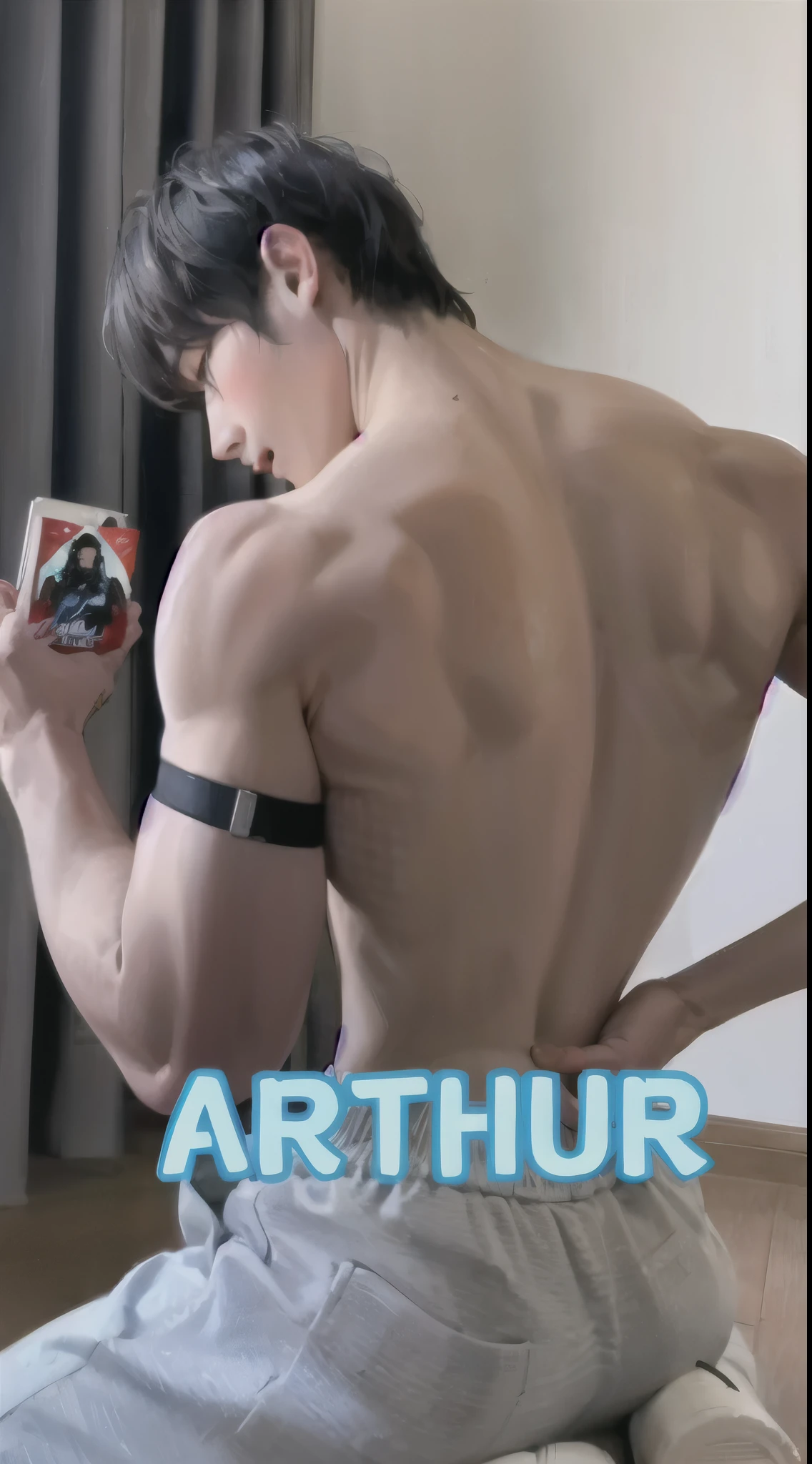 husband sitting on bed,Holding a bottle of beer in his hand, Korean muscular man 2 1 , posing and flexing, Full growth from the back, showing her shoulder from back, She turned her back to us, absurdly musculous physique, musculous!!, author:Arthur Penn, in Full growth from the back, better known as amoranth, he turned around