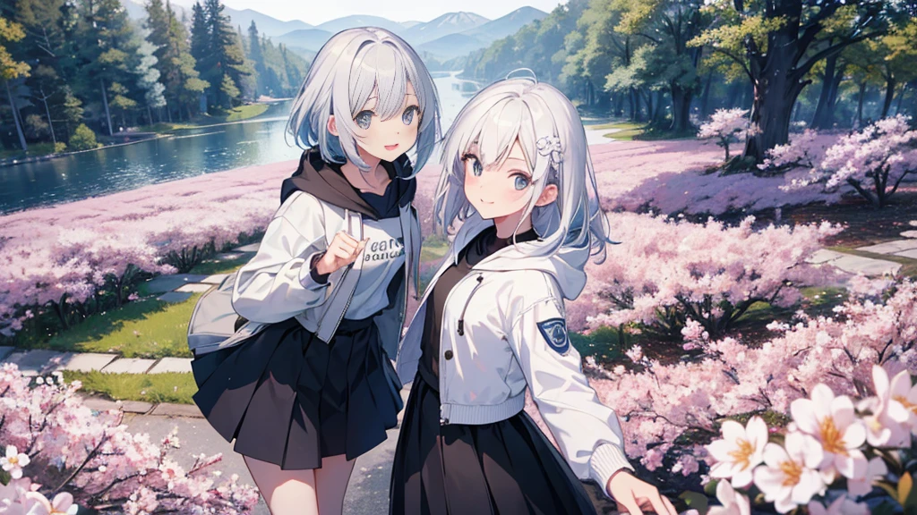 Ultra-high image quality,Look at viewers, hands behind back, girl with, 20 years old, Very short hair, long bangs between eyes, pale blue eyes, Hoodie, Skirt , Extremely detailed,(masterpiece、top-quality),White hair、A smile、Fantastical, Silver hair, Black eyes, Hoodie, White hoodie,a black skirt,Hair is short,White jacket, Casual style,Open jacket, Cowboy Shot、Fluttering hair、a small face、Bright smile、(Detailed face) ,profetional lighting,fantastic landscape,Blue sky, Sunlight,look down from above、open open mouth、facing front、fountain in the forest、flower field、Upper body only、cherry blossoms falling、5 fingers