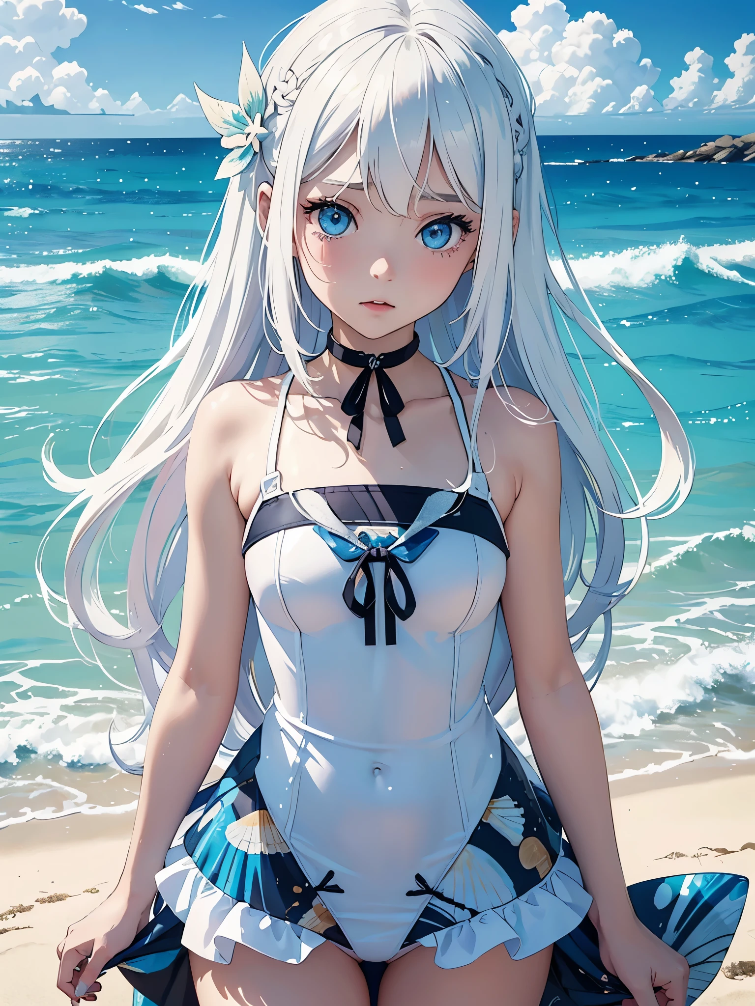 Create digital artwork in pop art style、ディテールが施されたlong white hairの女の子が特徴です、White skin and beautiful appearance、long white hair、Blue eyes、Wet hair、((teens girl、))、wet swimsuit、sandbeach、beach side、Street fashion、Movie color schemes、Surrounded by vintage seashell motifs、Vivid brush strokes、Emotions must be dynamic、Upper body、Drawing、Illustration、grayscales、Tropical、many seashells、