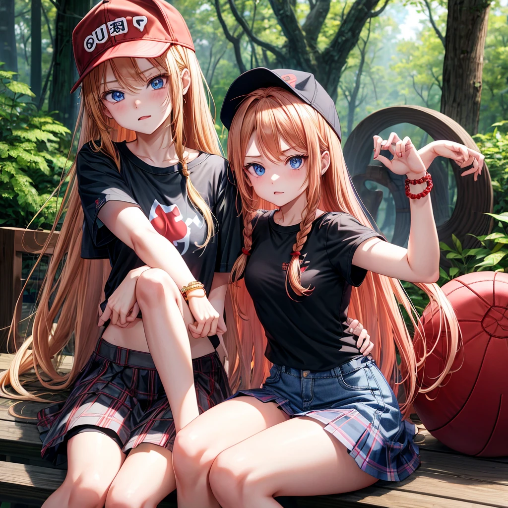 red blonde、blue eyess、Braids、one good looking girl、独奏、animesque、Plaid miniskirt、Black T-shirt、camisole、the woods、Sunlight、sitting on、Wearing a plaid baseball cap、bare-legged、small bracelet、Tilting your face、Hugging a cat、glaring