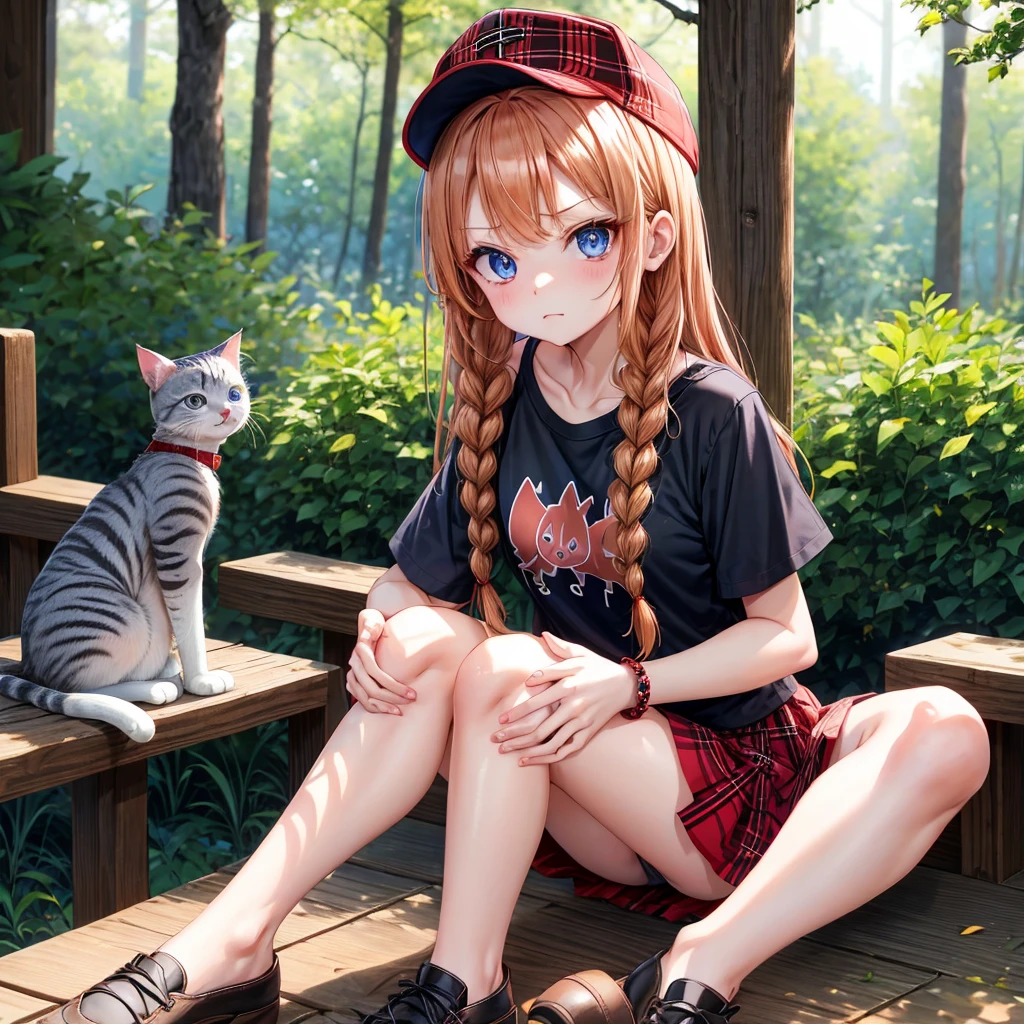 red blonde、blue eyess、Braids、one good looking girl、独奏、animesque、Plaid miniskirt、Black T-shirt、camisole、the woods、Sunlight、sitting on、Wearing a plaid baseball cap、bare-legged、small bracelet、Tilting your face、Hugging a cat、glaring