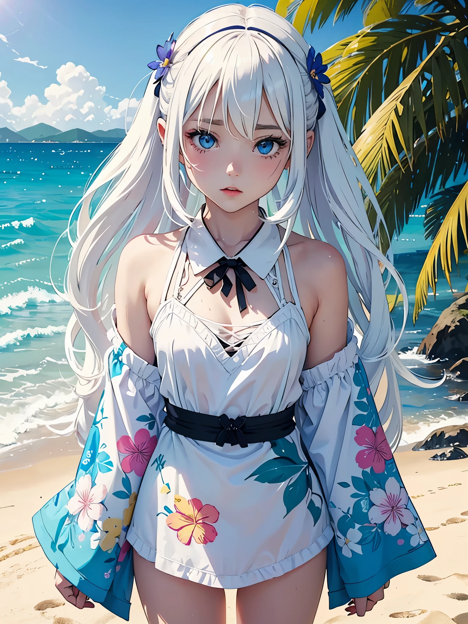 Create digital artwork in pop art style、ディテールが施されたlong white hairの女の子が特徴です、White skin and beautiful appearance、long white hair、Blue eyes、Wet hair、((teens girl、12 year old))、Wet underwear、sandbeach、beach side、Street fashion、Movie color schemes、Surrounded by vintage floral motifs、Vivid brush strokes、Emotions must be dynamic、Upper body、Drawing、Illustration、grayscales、Tropical、Many flowers、