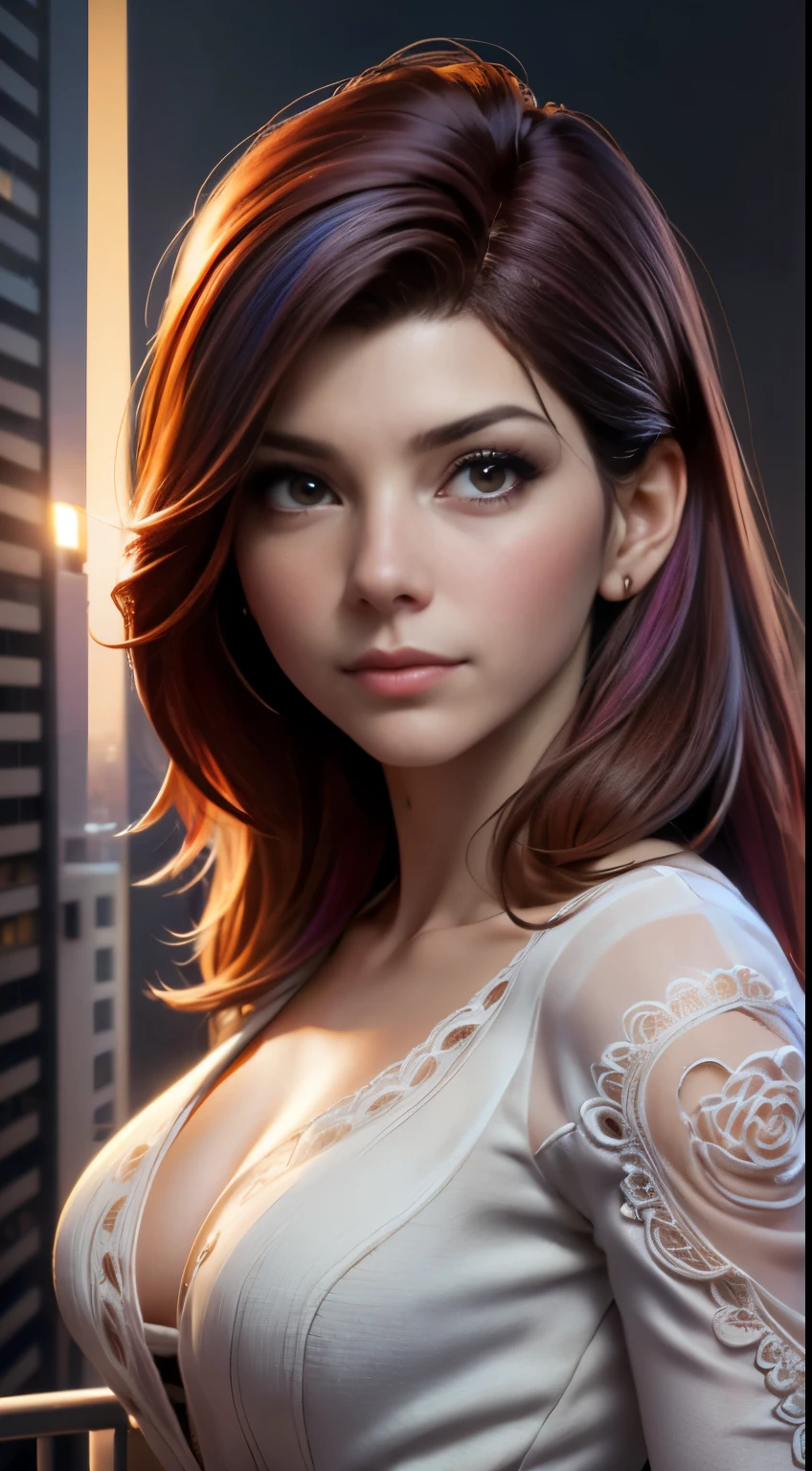 photo of Marisa Tomei, RAW, beautiful woman, ((portrait)), ((detailed face:1.2)), ((detailed facial feature, detailed skin, clear skin), (perfect proportioned body), (wearing a colorful dress) (high detailed city environment, apartment balcony), (realistic photo, best quality, detailed), (8k wallpaper), (cinematic lighting, dramatic lighting) (sharp focus, intricate)
