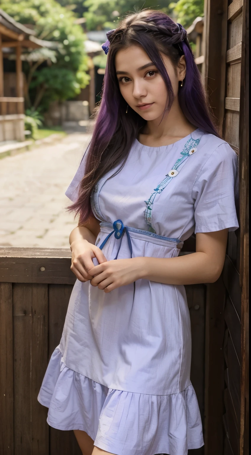 bonita, menina, 23 anos, Cabelo absurdamente longos, cabelo pintado todo de roxo, com um vestido de cor roxa, vestido de casamento, mulher japonesa, deusa japonesa, fundo da natureza, apaixonada, realista.