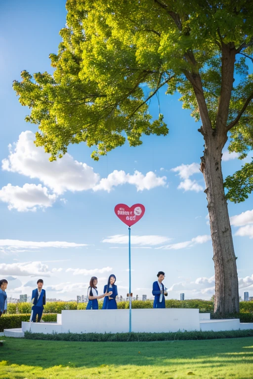 Student psychological care services，Holding a heart in both hands，There are saplings in love，A group of people water the saplings，Next to it is the blue sky and white clouds，There are words of love and service between the two hands.