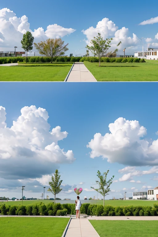 Student psychological care services,Holding a heart in both hands,There are saplings in love,A group of people water the saplings,Next to it is the blue sky and white clouds,There are words of love and service between the two hands.