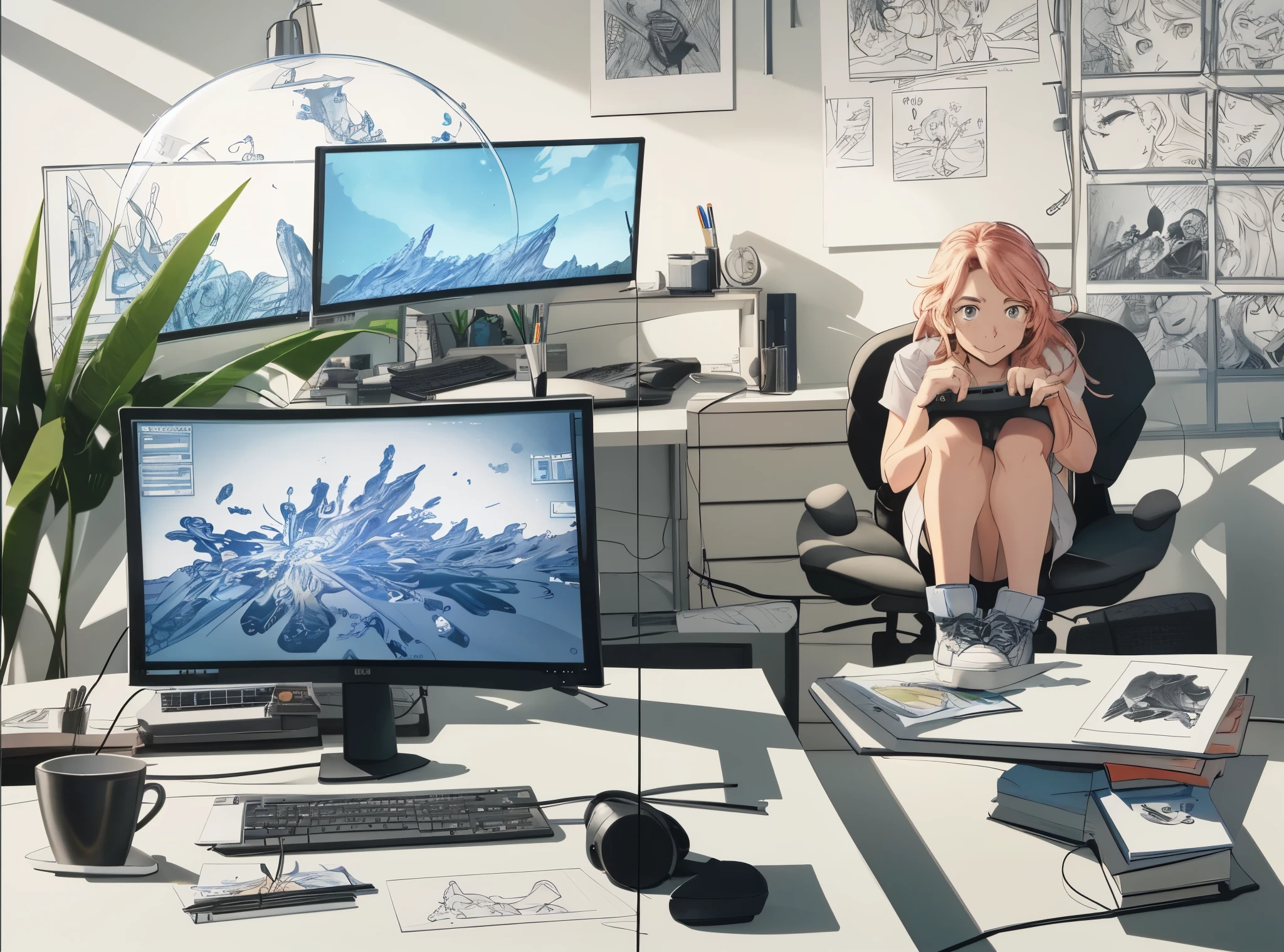 Cartoon of a woman sitting on a chair in front of a computer, storyboardinging, animatic, storyboarding, Keyframe illustration, whole page illustration, webcomic, animated still, comic illustration, hand drawn animation, Sitting in front of a computer, comic drawing, Sitting in front of a computerいる, Computer drawing, hand drawn animation, portfolio illustrations, Comic Panel