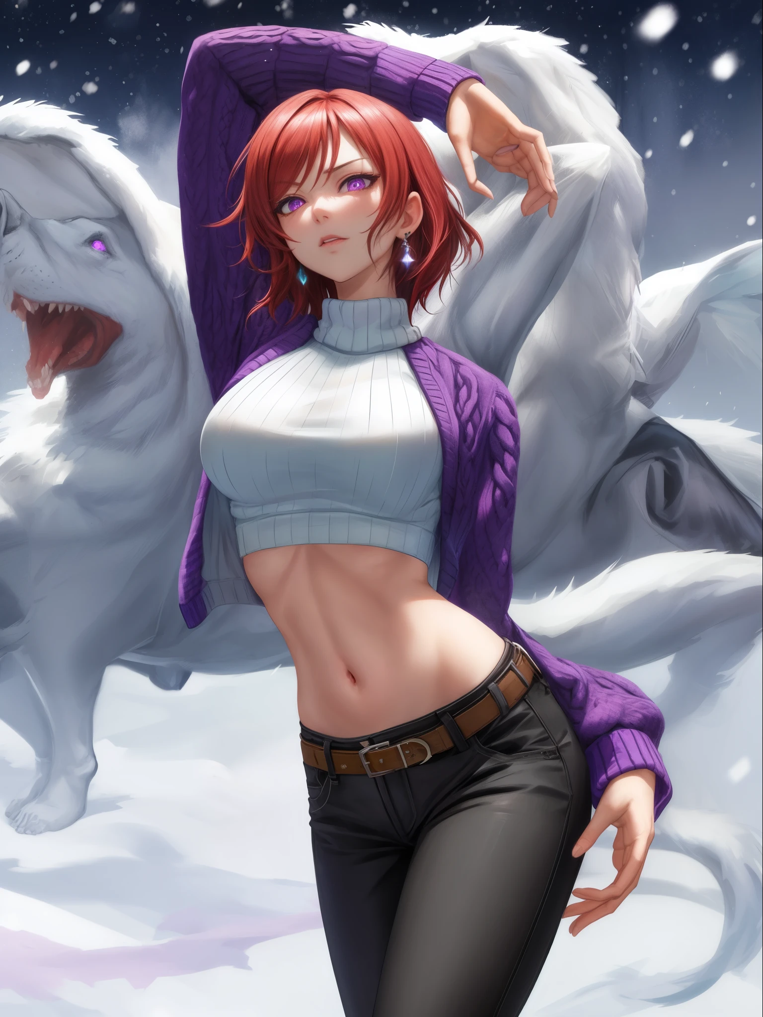 Masterpiece, sksmaki,sexy,facial details,solo, dancing, detailed body part details, short hair,embarrassed , (sexy stomach), detailed belly, midriff, big breasts,8k wallpaper, looking at viewer, nishikino maki, low waisted pants, unbuttoned pants,tight ,(sweater crop top), earrings,in street,snow, purple glowing eyes, cowboy shot