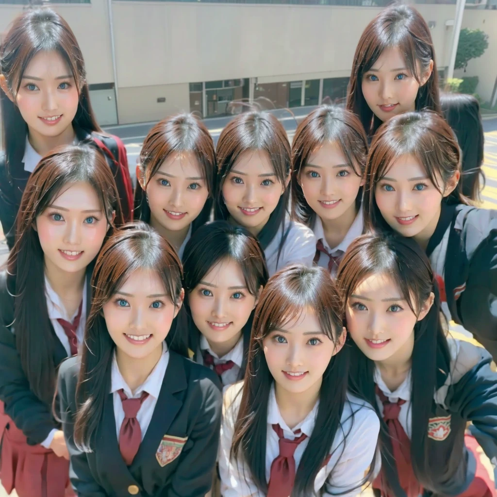 Raw photo、(((multiple girls))),((((6+girls)))),((((100girls)))),(((1000girls)))、((((100 Girls))))、Women only、The same face、((matching school uniform))、、Long black hair、100 cute girls going to school、japanes、a smile、Commuting to school、School route、In the street、selfee、same person、(((Large group)))、a junior high school student