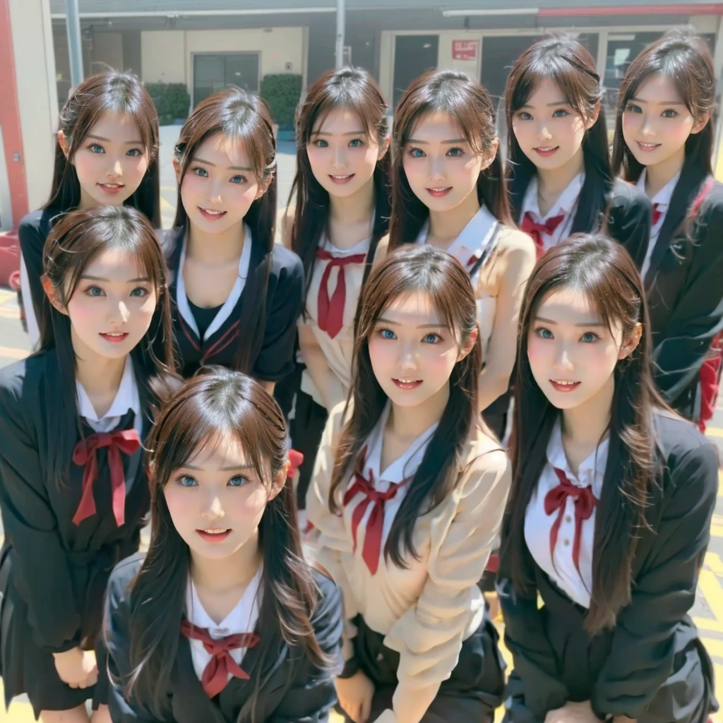 Raw photo、(((multiple girls))),((((6+girls)))),((((100girls)))),(((1000girls)))、((((100 Girls))))、Women only、The same face、((matching school uniform))、12 years old、Long black hair、100 cute girls going to school、japanes、a smile、Commuting to school、School route、In the street、selfee、same person、(((Large group)))、a junior high school student