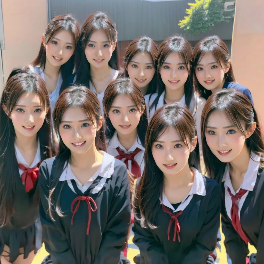 Raw photo、(((multiple girls))),((((6+girls)))),((((100girls)))),(((1000girls)))、((((100 Girls))))、Women only、The same face、((matching school uniform))、12 years old、Long black hair、100 cute girls going to school、japanes、a smile、Commuting to school、School route、In the street、selfee、same person、(((Large group)))、a junior high school student