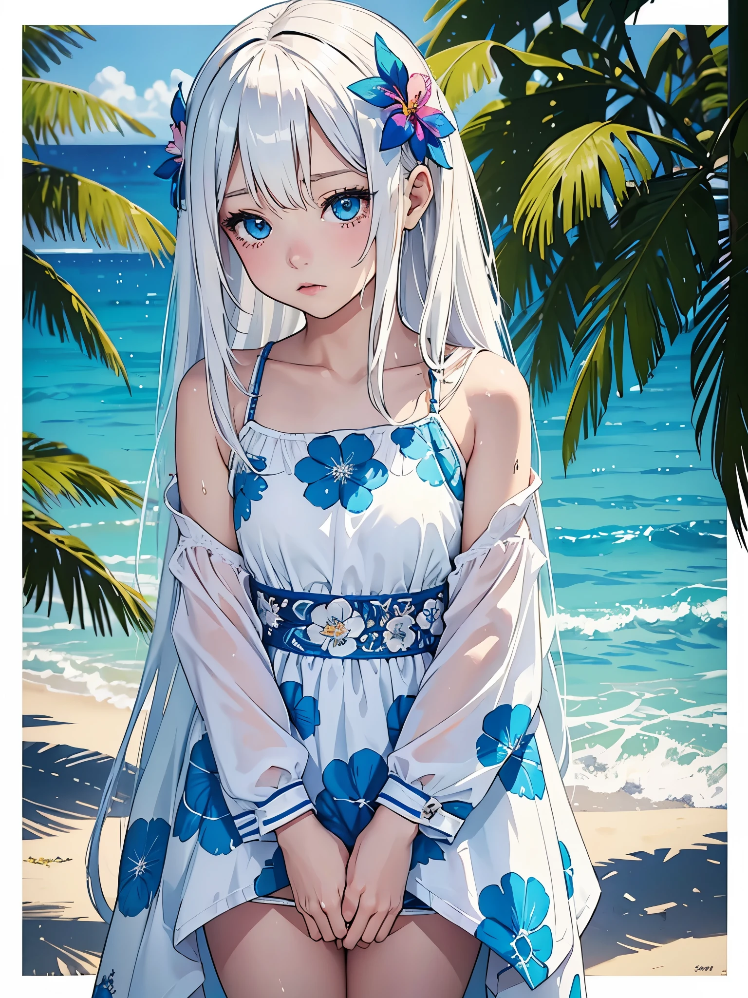Create digital artwork in pop art style、ディテールが施されたlong white hairの女の子が特徴です、White skin and beautiful appearance、long white hair、Blue eyes、Wet hair、((teens girl、12 year old))、Wet underwear、sandbeach、beach side、Street fashion、Movie color schemes、Surrounded by vintage floral motifs、Vivid brush strokes、Emotions must be dynamic、Upper body、Drawing、Illustration、grayscales、Tropical、Many flowers、