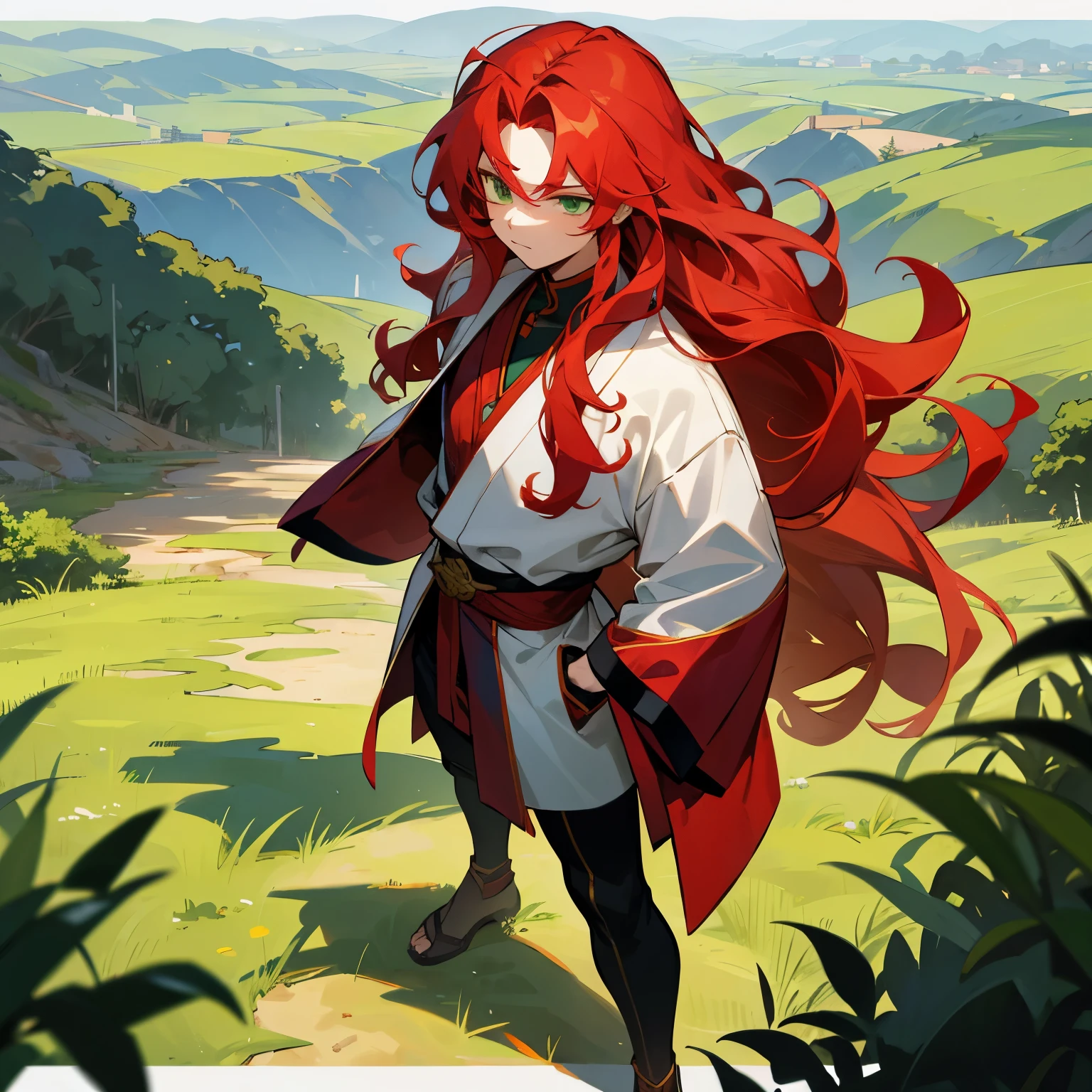 Long Red Hair , Wavy Hair , Green Eyes , Martial Arts Clothing , Village Background , Standing on path , Young Male , 1male , lean build , layered clothing , fitted clothing , Sunny Day
